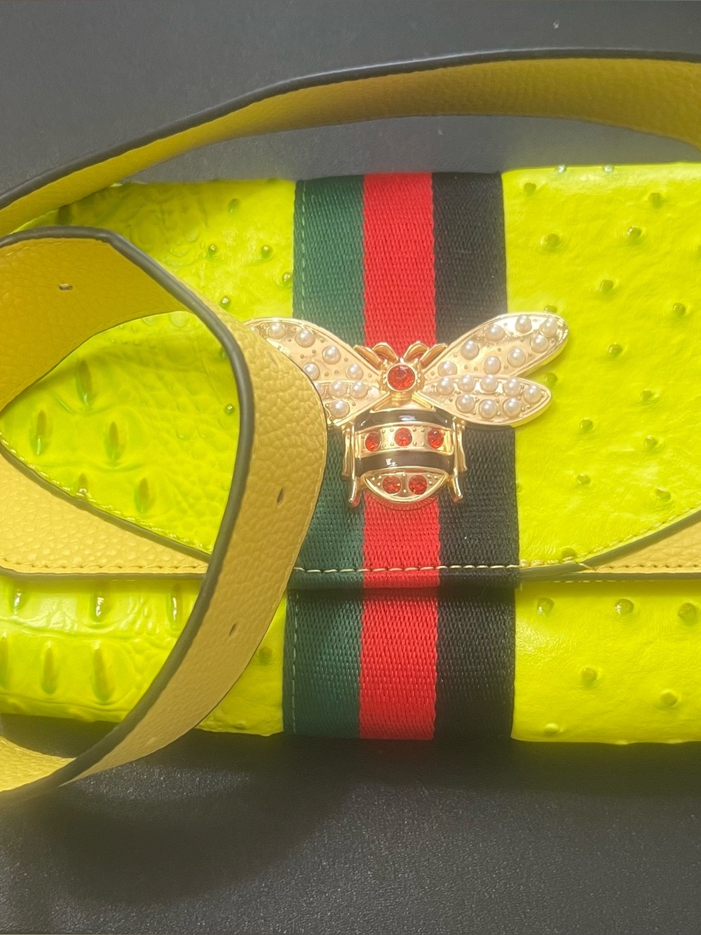 Yellow Ostrich-Texture Bee Accent Crossbody Bag